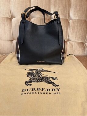BURBERRY Canterbury Leather & House Check Tote - Black Leather